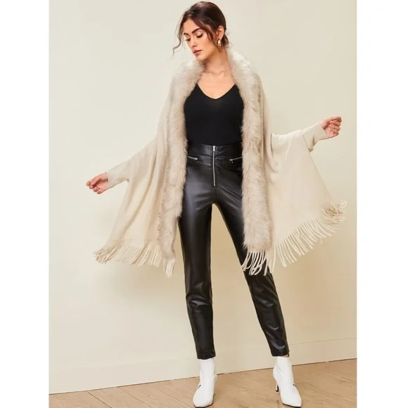 Fur and Fringe Detail Open Beige Cardigan - Picture 3 of 11